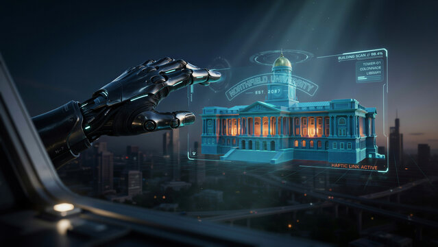 Robotic hand interacting with a futuristic holographic university campus interface, smart city technology, AI education, digital twin, augmented reality