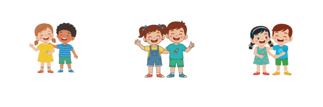 Happy Cute Kids Hugging Vector Set - Diverse Little Boys and Girls Friends PNG Graphic Isolated on Transparent Background for Children Friendship Day Poster, Kindergarten School Banner, and Storybook 