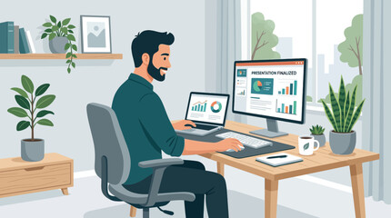 Obraz premium Man working from home on computer and laptop, home office setup