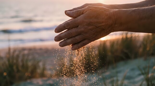 Close-up of hands releasing sand at beach during golden hour sunset, capturing motion and texture for travel, wellness, and lifestyle concepts.
