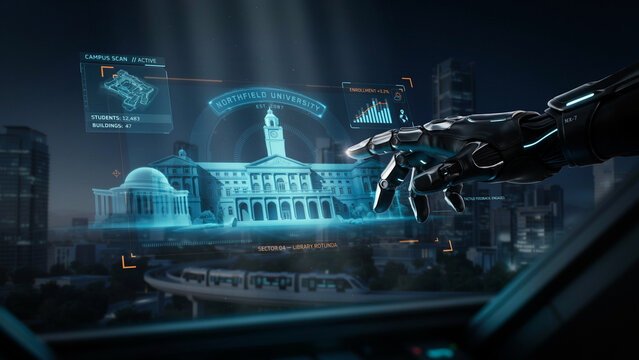 Robotic hand interacting with a futuristic holographic university campus interface, smart city technology, AI education, digital twin, augmented reality