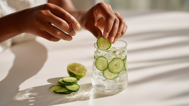 Female hands dropping cucumber slices and ice cubes into a glass pitcher of infused water