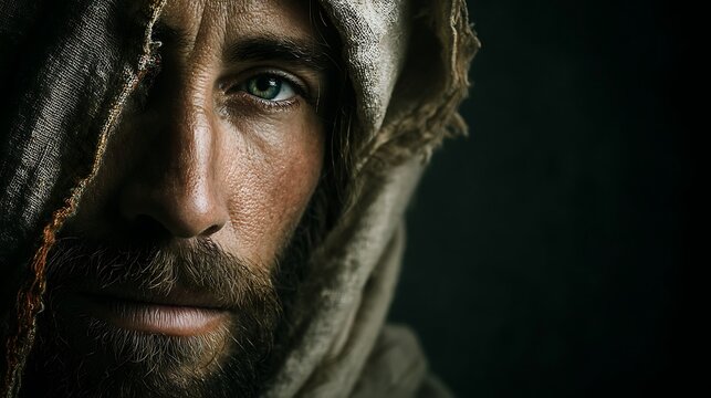 Man with piercing blue eyes and weathered skin wearing a coarse fabric head covering. dramatic lig