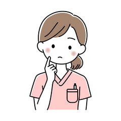 Fototapeta premium 頬に指を当てて考える看護師の女性の上半身のベクターイラスト