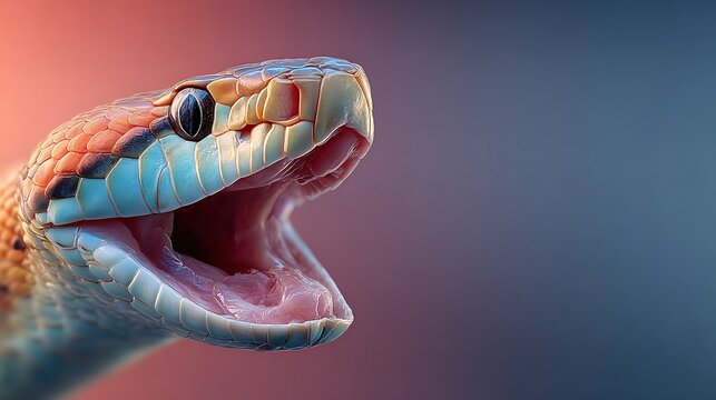 Close up of a striking snake with an open mouth. showcasing detailed scales and teeth against a so