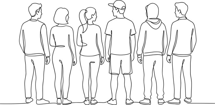 Continuous line drawing of a group of diverse young people standing together looking forward.