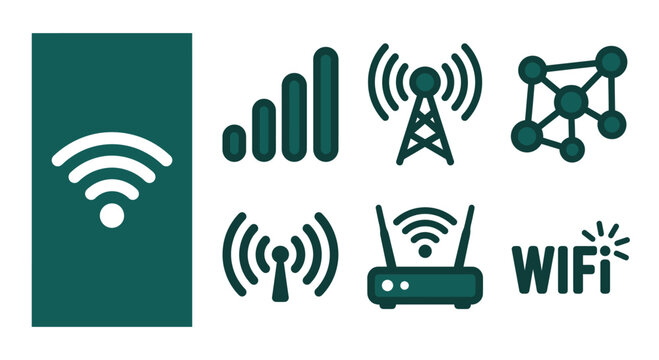 Minimal Dark Teal WiFi Icon Set featuring Flat Vector Wireless Communication Symbols such as Router, Signal Strength, Broadcast Tower, Node Network and Wave Clipart on White.