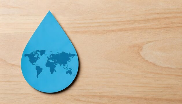 World map reflected in a water droplet on wood, symbolizing global water equity and community access during National Water Quality Month