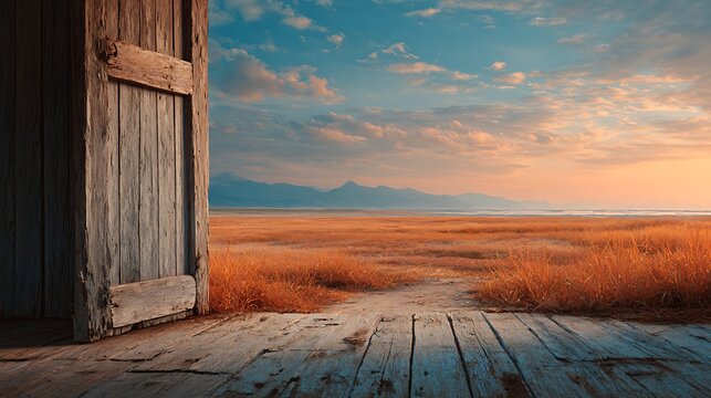 Rustic wooden barn door opening to vast dry grassland and distant mountains under a colorful sunse