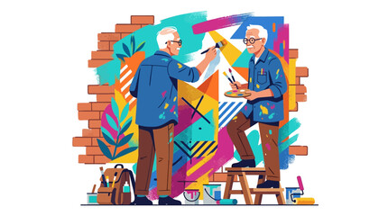 Elderly Men Creating Vibrant Mural Art Together © Fhadhil
