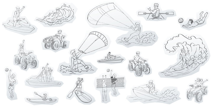 Versatile sticker pack of people enjoying beach vacation activities and watersports. Great for summer event flyers, travel agency banners, and social media.