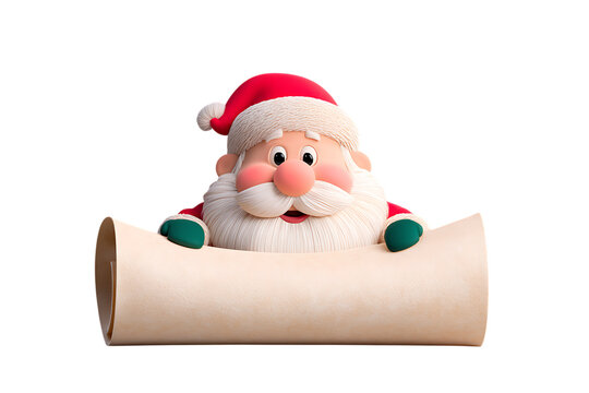 Santa claus peeking over a parchment scroll a three dimensional rendering on black