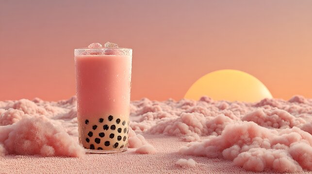 Refreshing pink bubble tea with tapioca pearls and ice in a glass. set against a soft sunset sky a