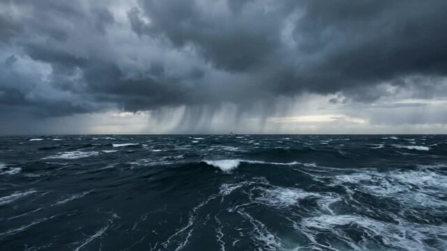 Stormy Ocean Waves Under Dark Cloudy Sky.