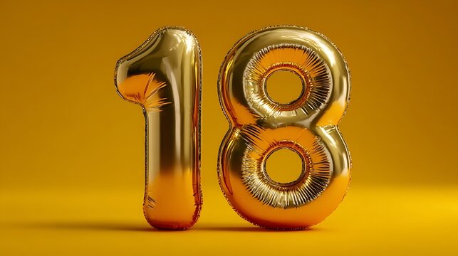 Golden Number 18 Balloons Celebrating Milestone Birthday or Anniversary Event. 3D Render