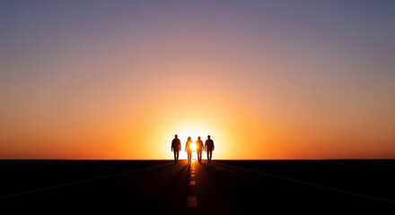 Fototapeta premium Silhouettes of business people walking into massive orange sunset perfect for visionary corporate leadership and future teamwork concept