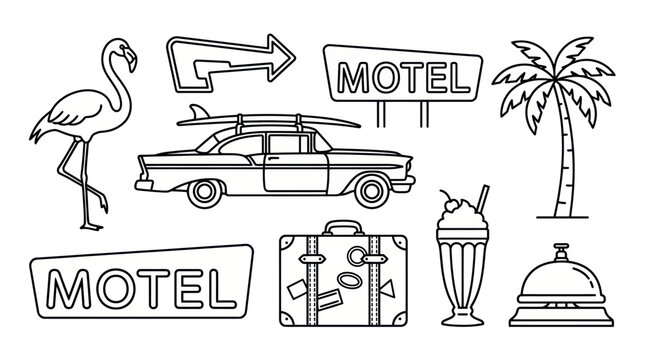 Vintage motel and road trip vacation line art icons.