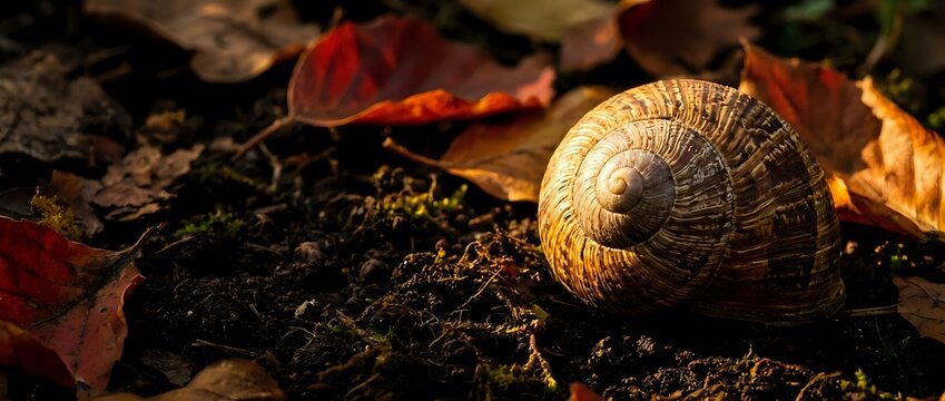 Empty snail shell resting on dark soil surrounded by colorful autumn leaves in warm golden sunlight creating peaceful natural forest floor scene.
