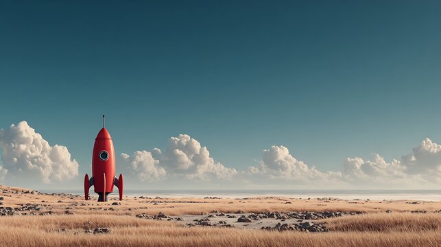 Retro red rocket standing on a dry grassy landscape with clouds and ocean in background. 3D render