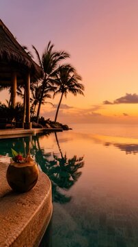 Coconut drink with straw, leaf, and flower resting on curved stone pool edge beside palm reflections, aqua water, and pastel sky at tropical resort sunset, with tropical, resort, pool, infinity detail