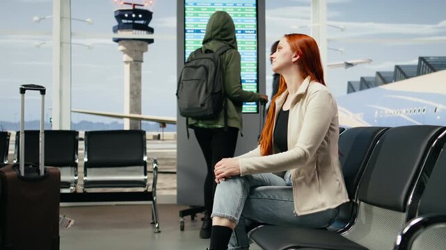 Man and woman say goodbye in an airport lounge before a flight, sharing a bittersweet parting moment filled with sadness, love and emotional separation as they prepare to travel apart.
