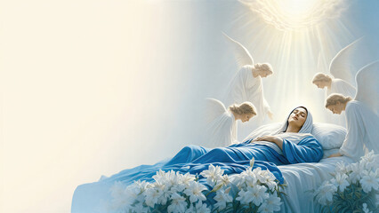 Fototapeta premium Virgin Mary lying on deathbed surrounded by angels. Dormition of the Mother of God scene with divine light and white lilies. Religious orthodox painting for church holiday celebration.