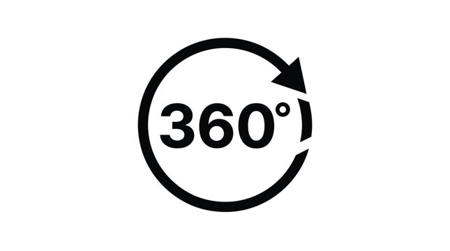 Bold black three hundred sixty degree rotation icon featuring a circular arrow symbol on a clean minimalist white background