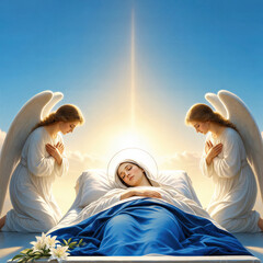 Fototapeta premium Dormition of the Theotokos with two angels kneeling beside the sleeping woman. Religious depiction of the Virgin Mary ascending to heaven. Christian faith, spirituality and iconography.
