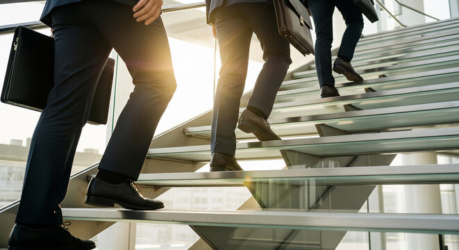 Low angle view of business people walking up modern stairs perfect for corporate career progression success and team leadership concept