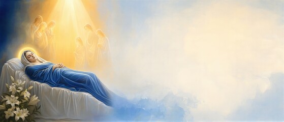 Fototapeta premium Dormition of the Mother of God with woman lying on a bed surrounded by angels in light. Religious illustration depicting the assumption of Virgin Mary. Banner with copy space