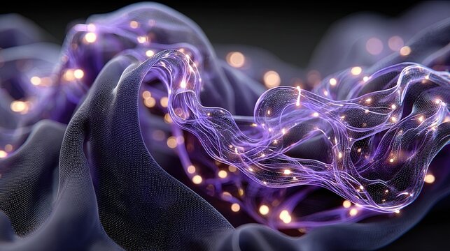 Translucent matte fabric with interwoven glowing violet filaments representing the shielding of sensitive neural implants from external electromagnetic interference and the future of neuro-prosthetics