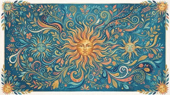 Celestial Sun and Moon Artistic Pattern with Ornate Floral Swirls and Decorative Botanical Elements in Vibrant Boho Style Illustration