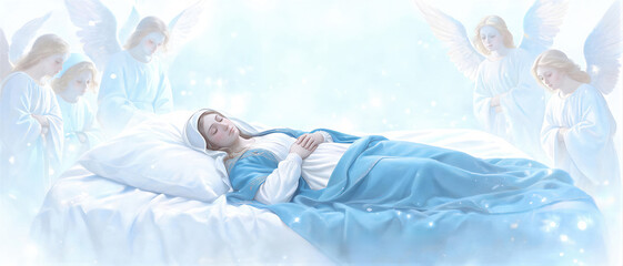 Fototapeta premium Virgin Mary lying in bed during Dormition surrounded by angels. Religious scene depicting the assumption of the mother of God into heaven. Banner with copy space