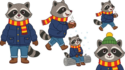 Cute Winter Raccoon Character Vector Illustration Set Featuring Wild Animal Wearing Puffer Jacket Scarf and Beanie While Holding Hot Cocoa © Abul