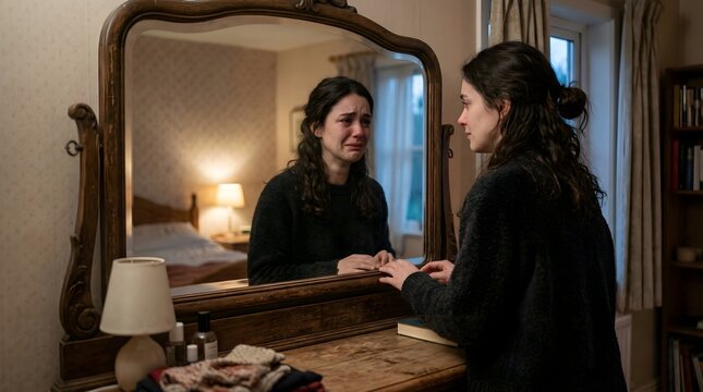 Human reflecting different emotion in mirror representing hidden feelings