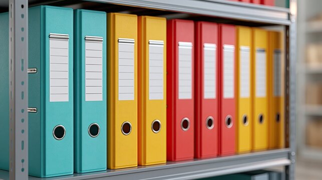 Colorful ring binders neatly arranged on metal shelf, office document archive storage, data management business background