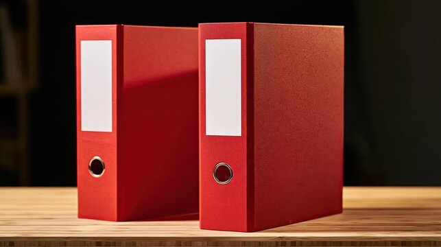 Two red ring binders on wooden table, blank label folders, business document storage office still life background