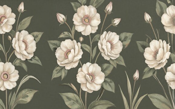Elegant white flowers with green leaves on a dark olive background.