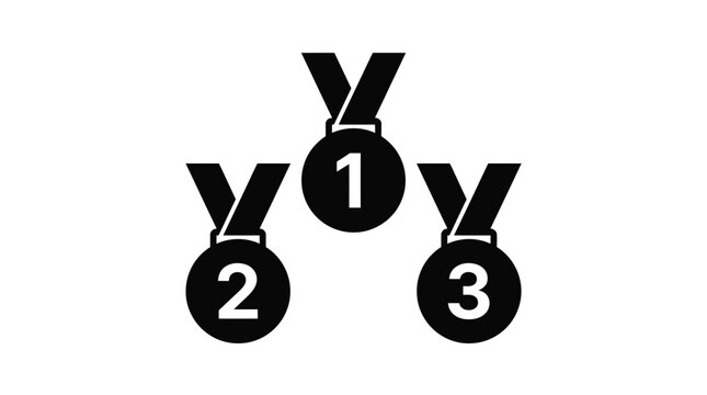 Three black medal icons representing first second and third place winners with bold white numbers on a simple flat design
