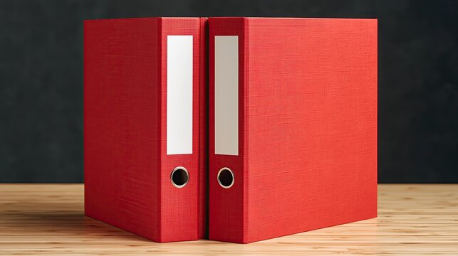 Two red ring binders on wooden table, blank label folders, business document storage office still life background