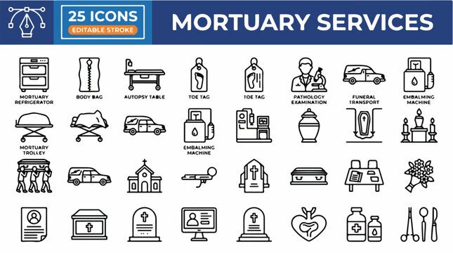 Mortuary Services Icon Sheet with Funeral Home Symbols, Burial Equipment and Memorial Service Signs