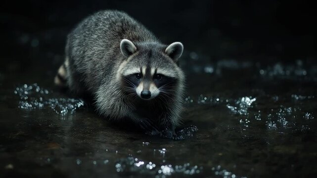 Close-up of a raccoon gently dipping its paws into a moonlit stream, tiny water droplets sparkling in silver night light