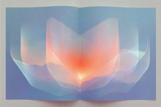 Abstract illuminated book pages forming a soft glowing bloom with pastel gradients for open book art print or poster background