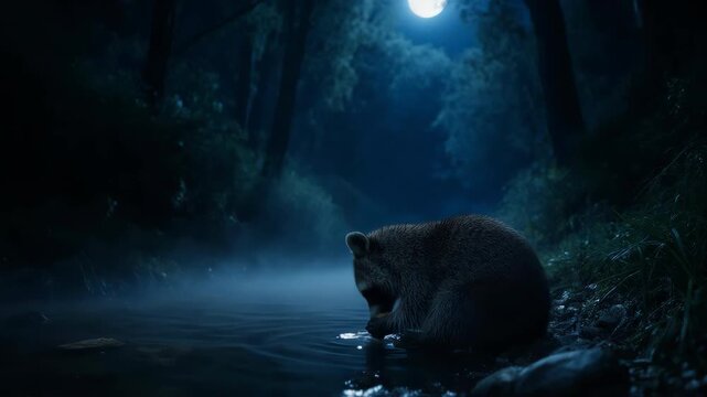 Close-up of a raccoon gently dipping its paws into a moonlit stream, tiny water droplets sparkling in silver night light