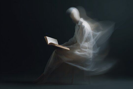 Abstract metamorphosis portrait of a reader slowly transforming with motion blur and ethereal flow for surreal background and conceptual poster