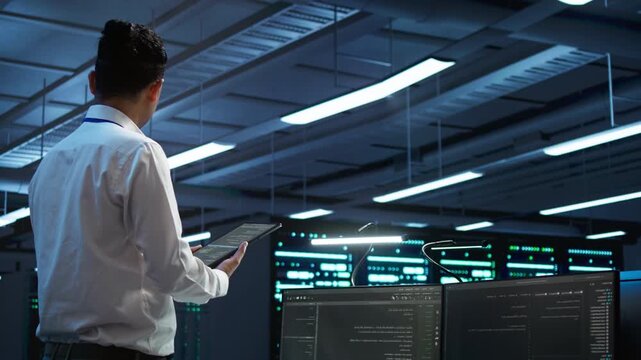System administrator tracks network traffic inside a server room with a tablet, where network security, data protection and traffic monitoring guide inside an efficient technology workspace