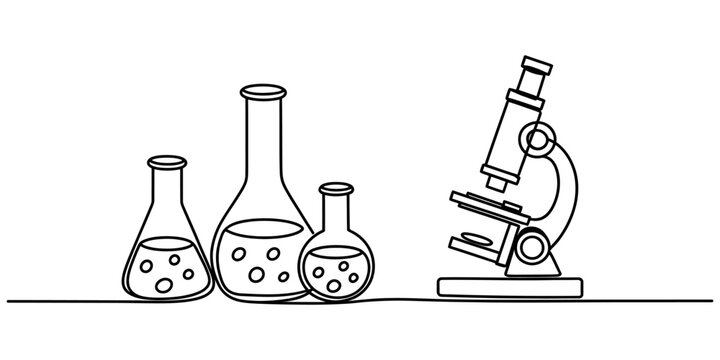 Continuous line drawing of a microscope and glass laboratory beakers for scientific research and education isolated on a simple white background Vector, illustration