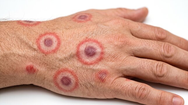 Erythema Multiforme Target Lesions and Red Ring Rash on Human Hand Close Up