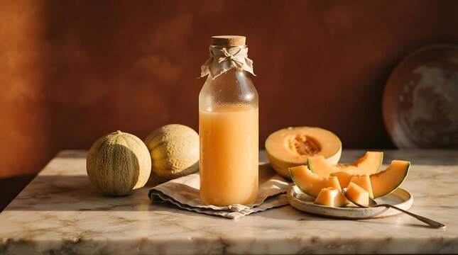 Fresh Cantaloupe Juice in a Glass Bottle with Sliced Fruit.