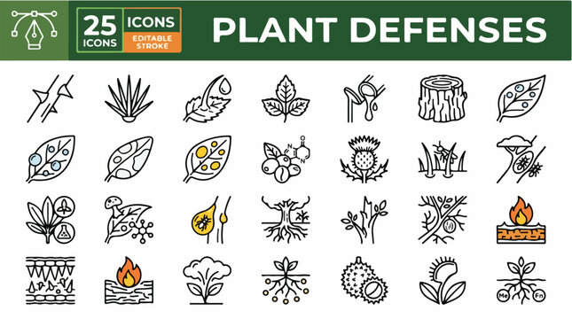Comprehensive Collection of Plant Defense Mechanism Icons Illustrating Biological Protection Systems